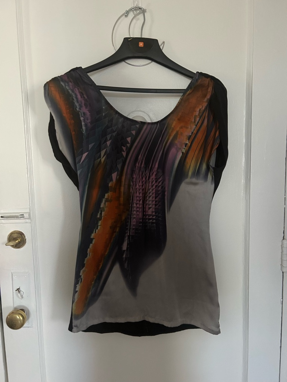 Arden B Abstract Cap Sleeve Top - Black, Orange & Purple